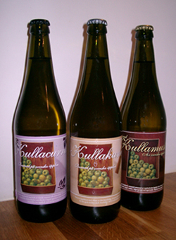 Helenas tre äppelmustflaskor från www.kullamust.se; original, kanel och svartvinbär