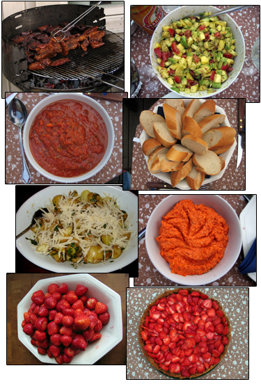 mat på grillen, mango/avokadosalsa, tomat/chilisalsa, baguette, basilikapotatis, paprikapesto, jordgubbar, key lime paj